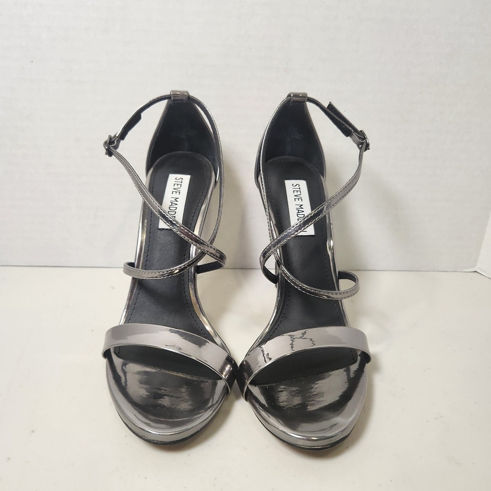 Steve Madden Open Toe Stiletto‎ Women's 7.5M Silver Strappy Prom Homecoming 4"